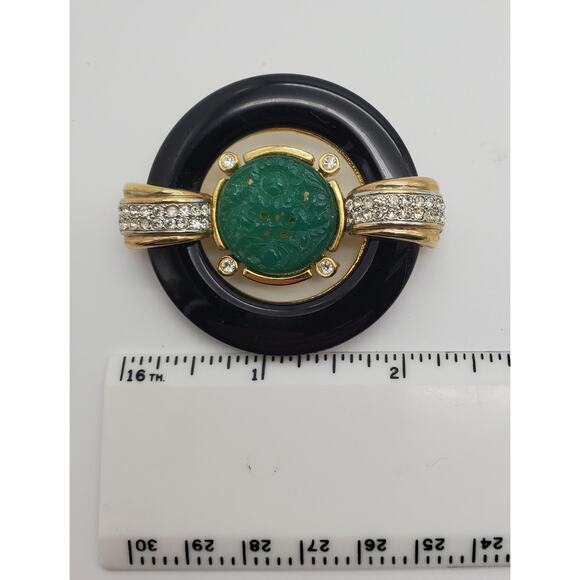 Gem Craft Green & Black Brooch Deco Carved Stone Pave Crystal Faux Jade Pin Vtg - Picture 2 of 8